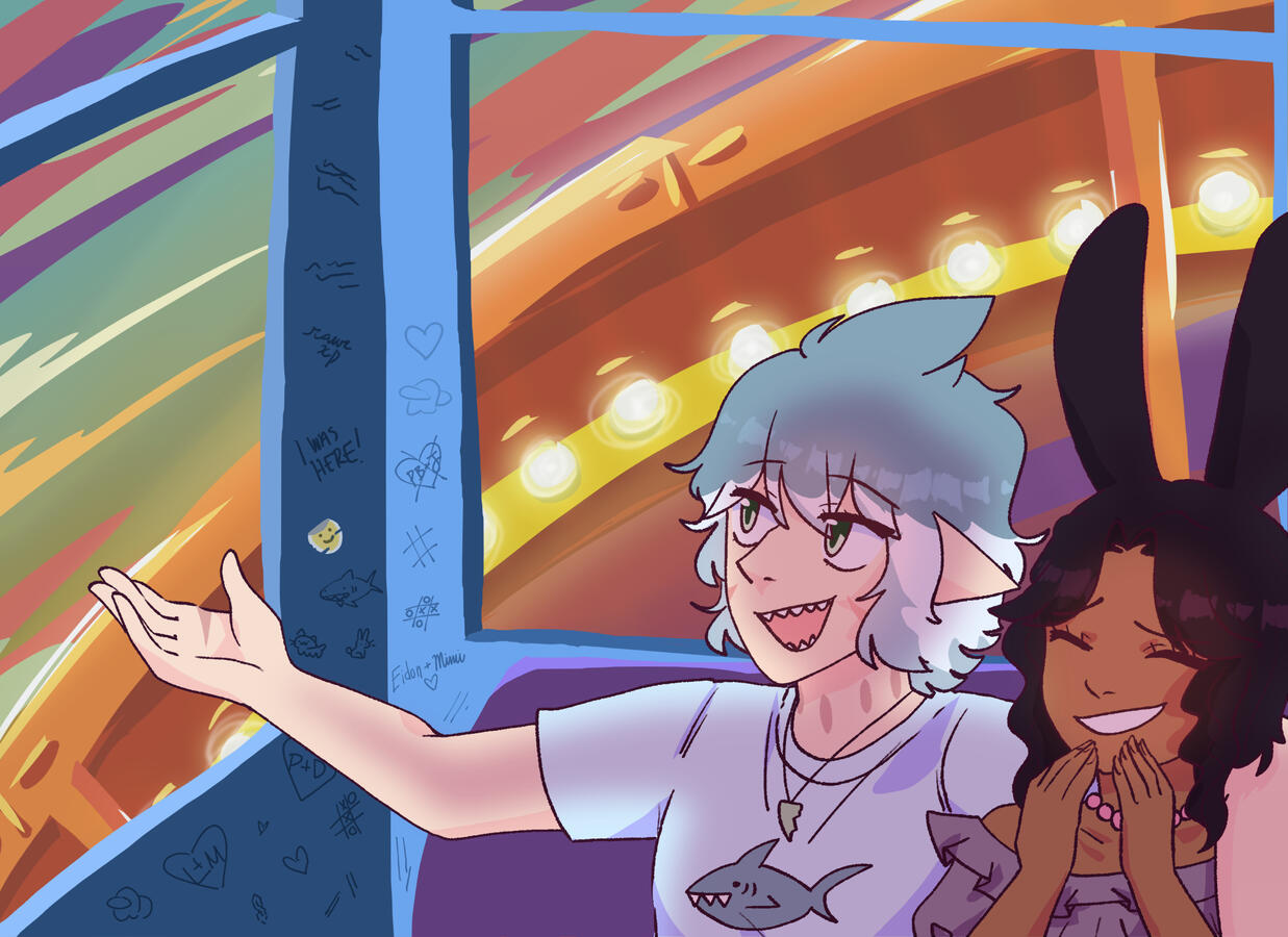 The image is a drawing that shows two people. One boy with sharklike features and blue hair, wearing a shark-tooth necklace and a shirt with a shark on it. The other is a girl with dark purple hair and bunny ears. She is giggling while he is gesturing to o